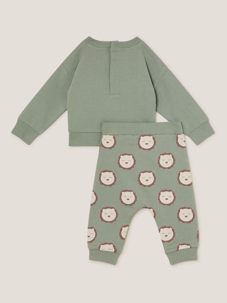Monsoon Green Newborn Lion Print 100% Cotton Jumper and Leggings Set - Image 2 of 3