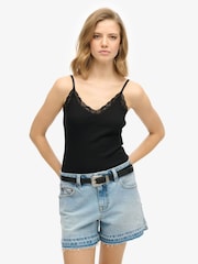 Superdry Black Essential Lace Trim Cami 100% Cotton Camisole - Image 1 of 6