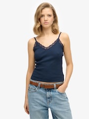 Superdry Blue Essential Lace Trim 100% Cotton Cami Top - Image 1 of 7