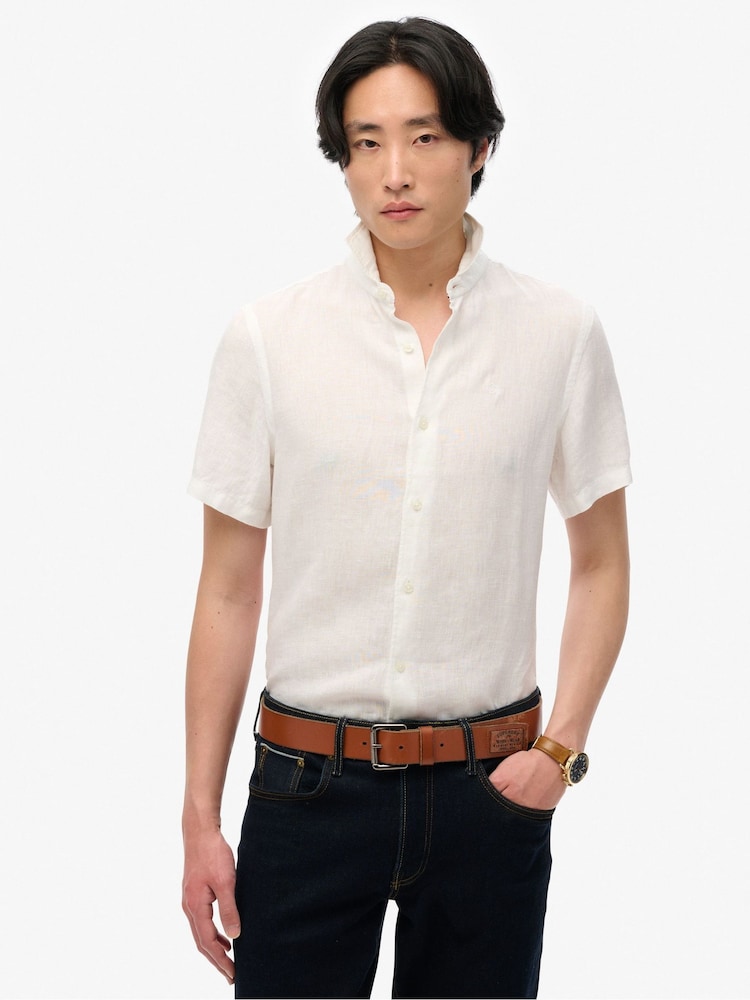 Superdry White Embroidered Vacation 100% Linen Shirt - Image 1 of 6