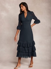 Mint Velvet Blue Lace Mesh Ruffle Maxi Dress - Image 3 of 9