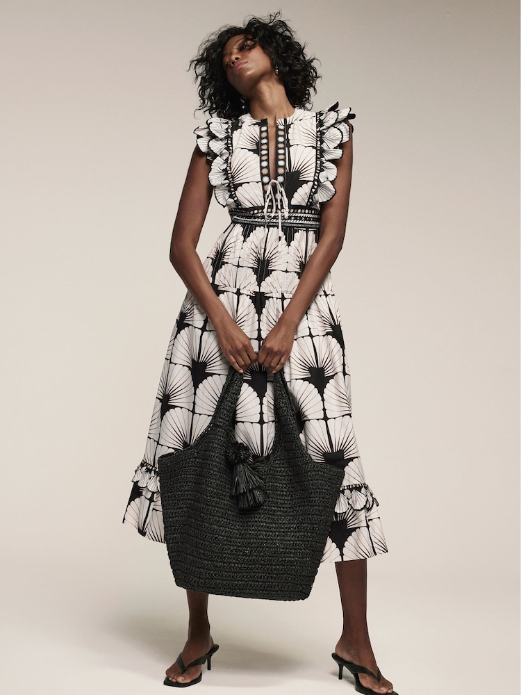 Mint Velvet Black Shell Print 100% Cotton Midi Dress - Image 1 of 8