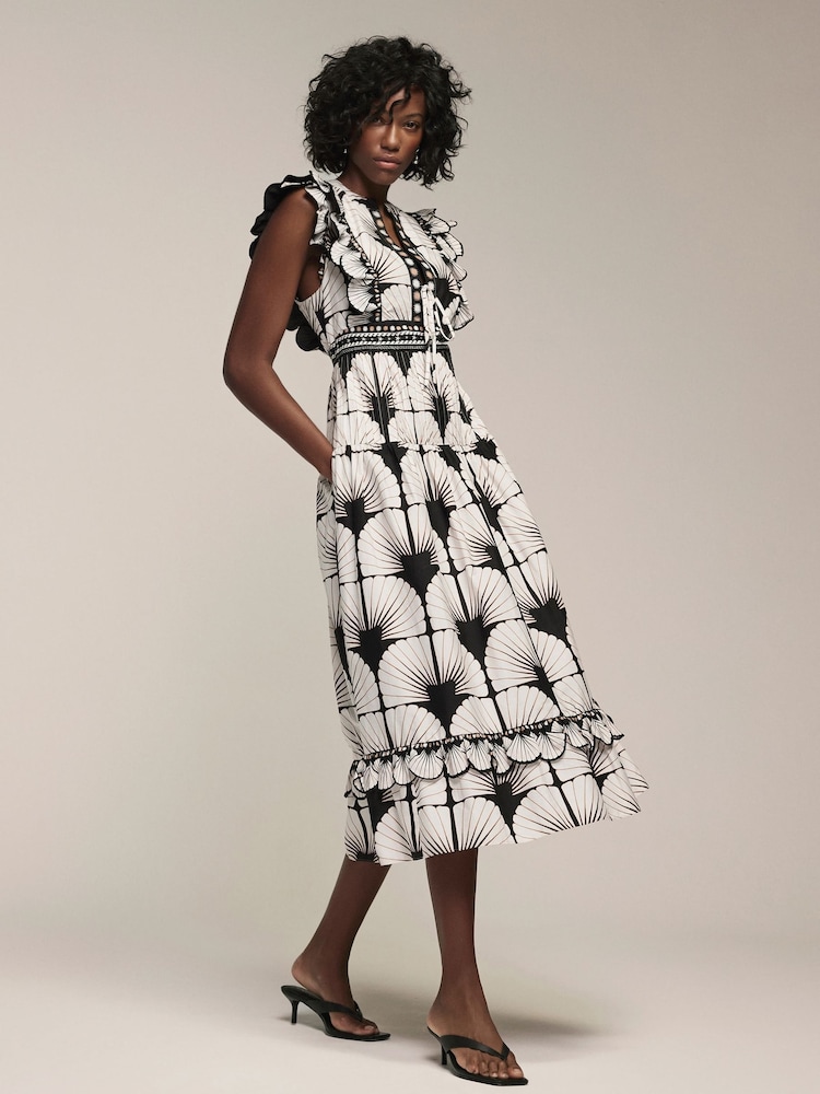Mint Velvet Black Shell Print 100% Cotton Midi Dress - Image 2 of 8
