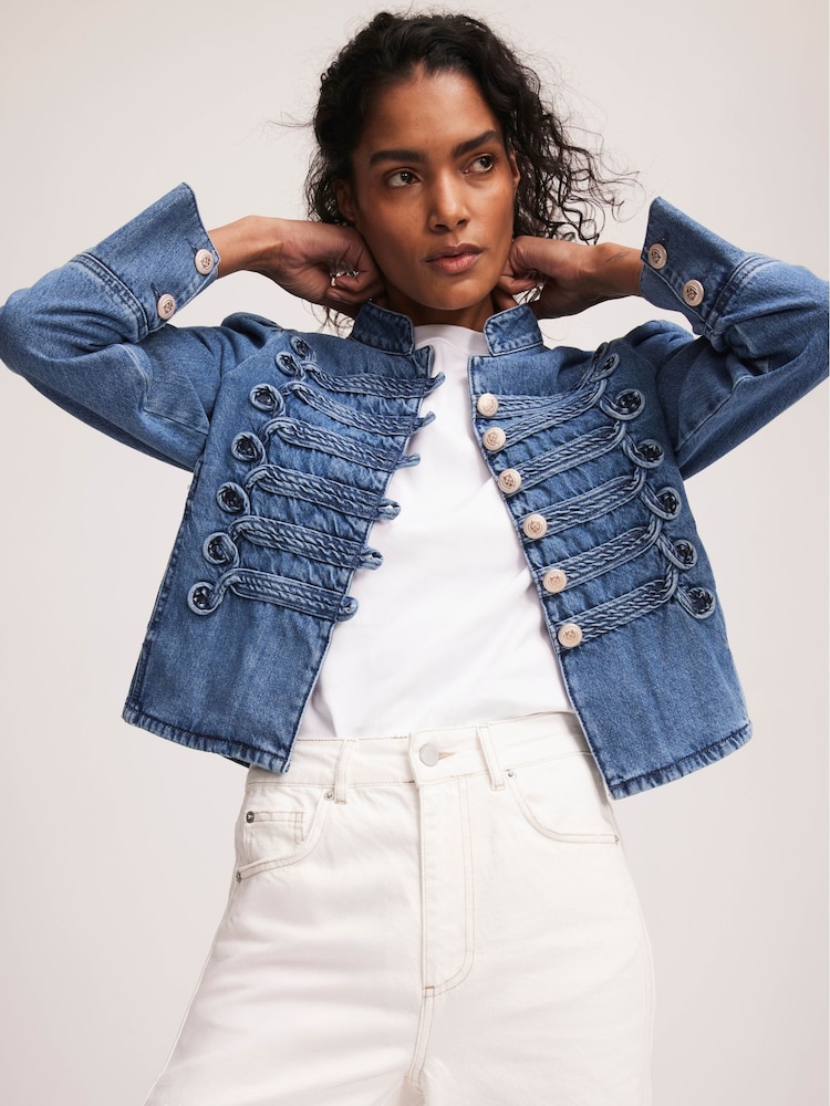 Mint Velvet Blue Wash Denim Military 100% Cotton Jacket - Image 1 of 8 Mint Velvet Blue Wash Denim Military 100% Cotton Jacket - Image 1 of 8
