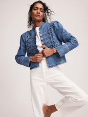 Mint Velvet Blue Wash Denim Military 100% Cotton Jacket - Image 2 of 8