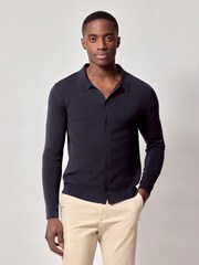 Hawes & Curtis Blue Long Sleeve Button Down 100% Cotton Polo Shirt - Image 1 of 4