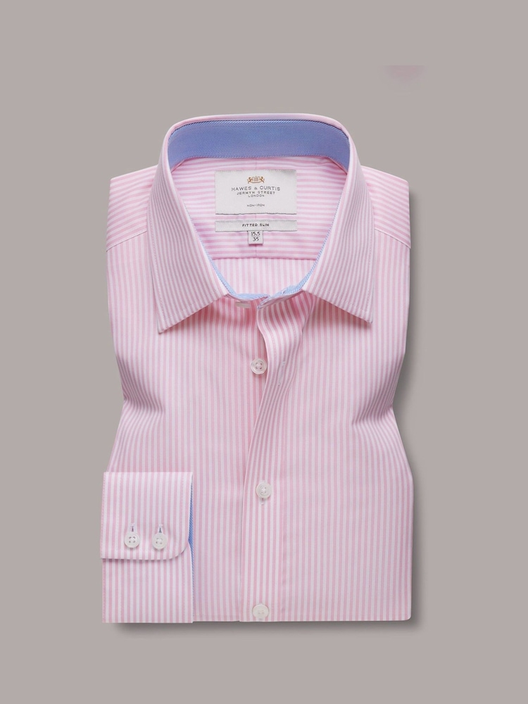 Hawes & Curtis Pink 100% Cotton Bengal Stripe Fitted Slim Fit Shirt - Image 2 of 3