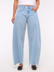 Abercrombie & Fitch Blue Light Destroy Hem Mid Rise Barrel Leg Jeans - Image 2 of 7