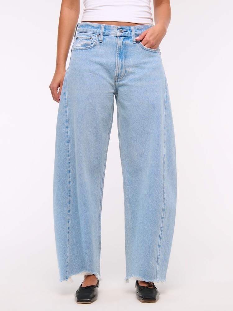 Abercrombie & Fitch Blue Light Destroy Hem Mid Rise Barrel Leg Jeans - Image 2 of 7