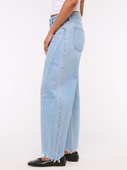 Abercrombie & Fitch Blue Light Destroy Hem Mid Rise Barrel Leg Jeans - Image 4 of 7