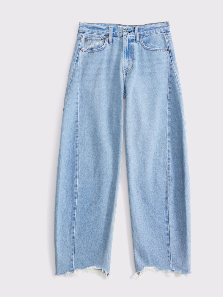 Abercrombie & Fitch Blue Light Destroy Hem Mid Rise Barrel Leg Jeans - Image 7 of 7