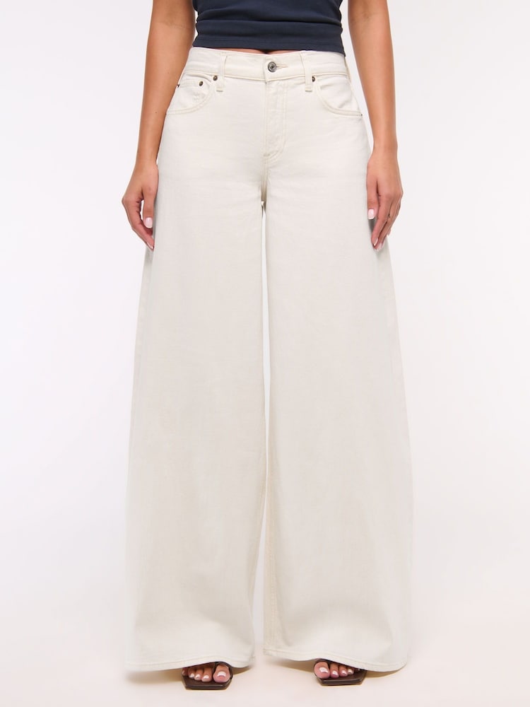 Abercrombie & Fitch Cream Mid Rise Ultra Wide Leg Jeans - Image 2 of 7