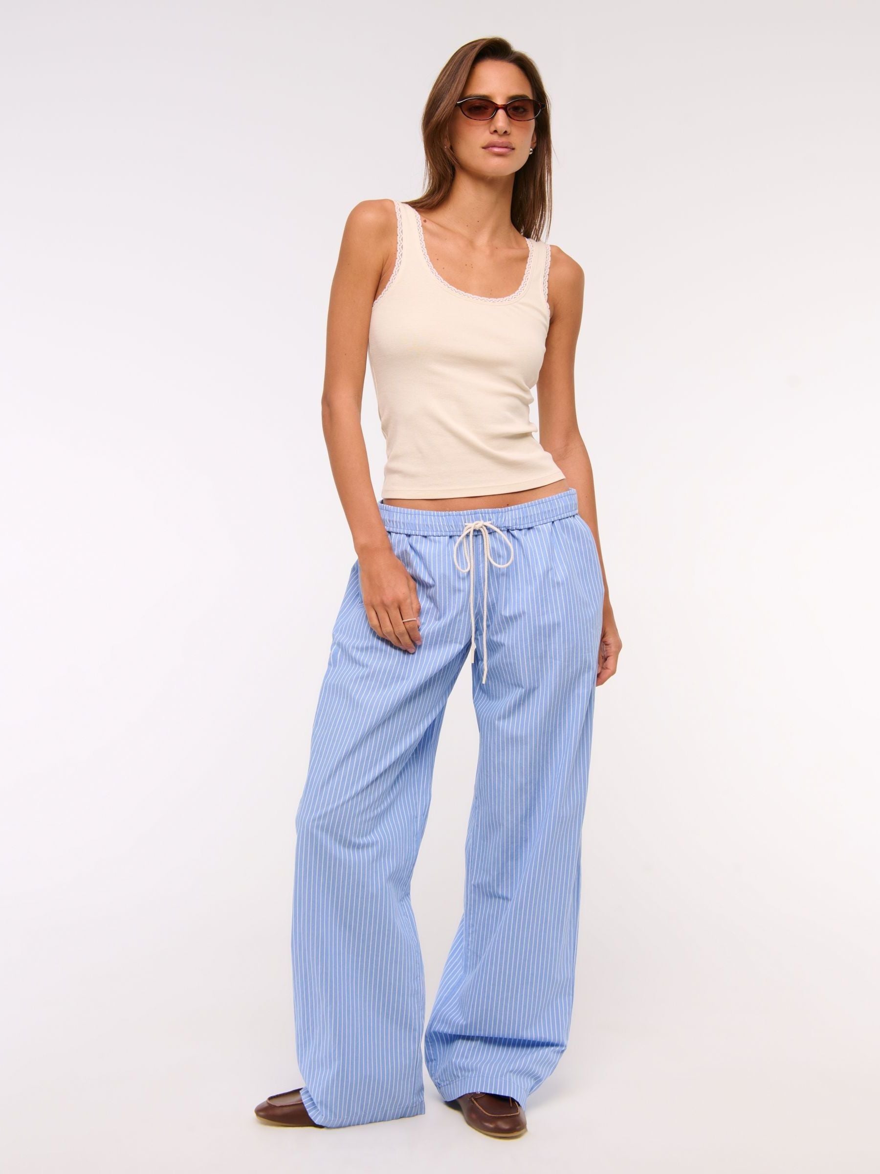 Buy Abercrombie & Fitch Blue Stripe Cotton Poplin Pull On Trousers