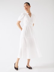 LK Bennett White Felicity Gather Detail 100% Cotton Dress - Image 1 of 3