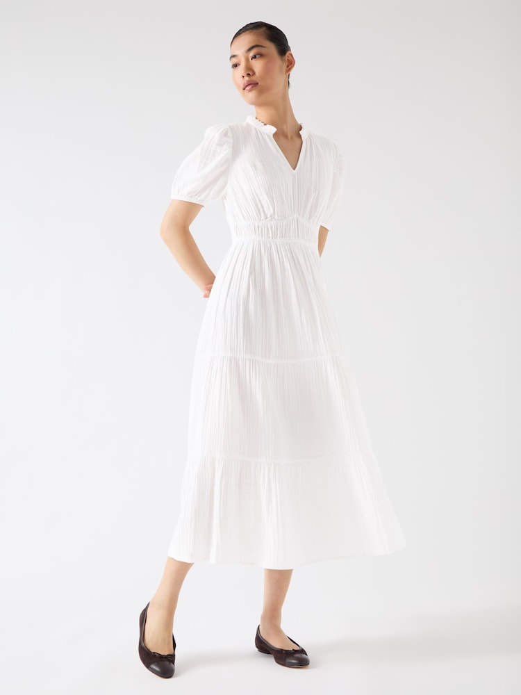 LK Bennett White Felicity Gather Detail 100% Cotton Dress - Image 1 of 3