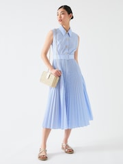 LK Bennett Blue Hally Blend Sleeveless Pleated Stripe Dress - Image 1 of 1
