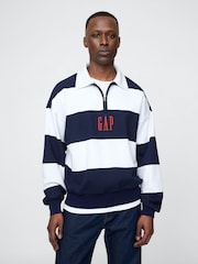 Gap Blue/White Stripe Heavyweight Striped Logo Quarter Zip Collar Sweatshirt - Image 1 of 5