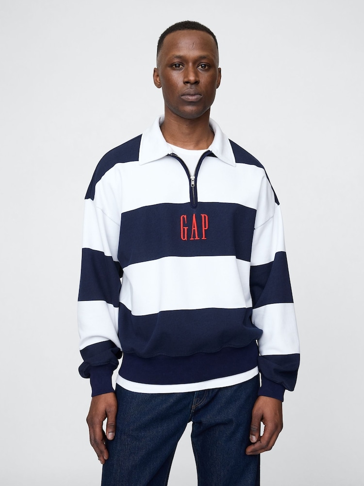 Gap Blue/White Stripe Heavyweight Striped Logo Quarter Zip Collar Sweatshirt - Image 1 of 5