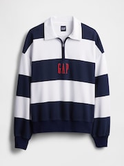 Gap Blue/White Stripe Heavyweight Striped Logo Quarter Zip Collar Sweatshirt - Image 4 of 5