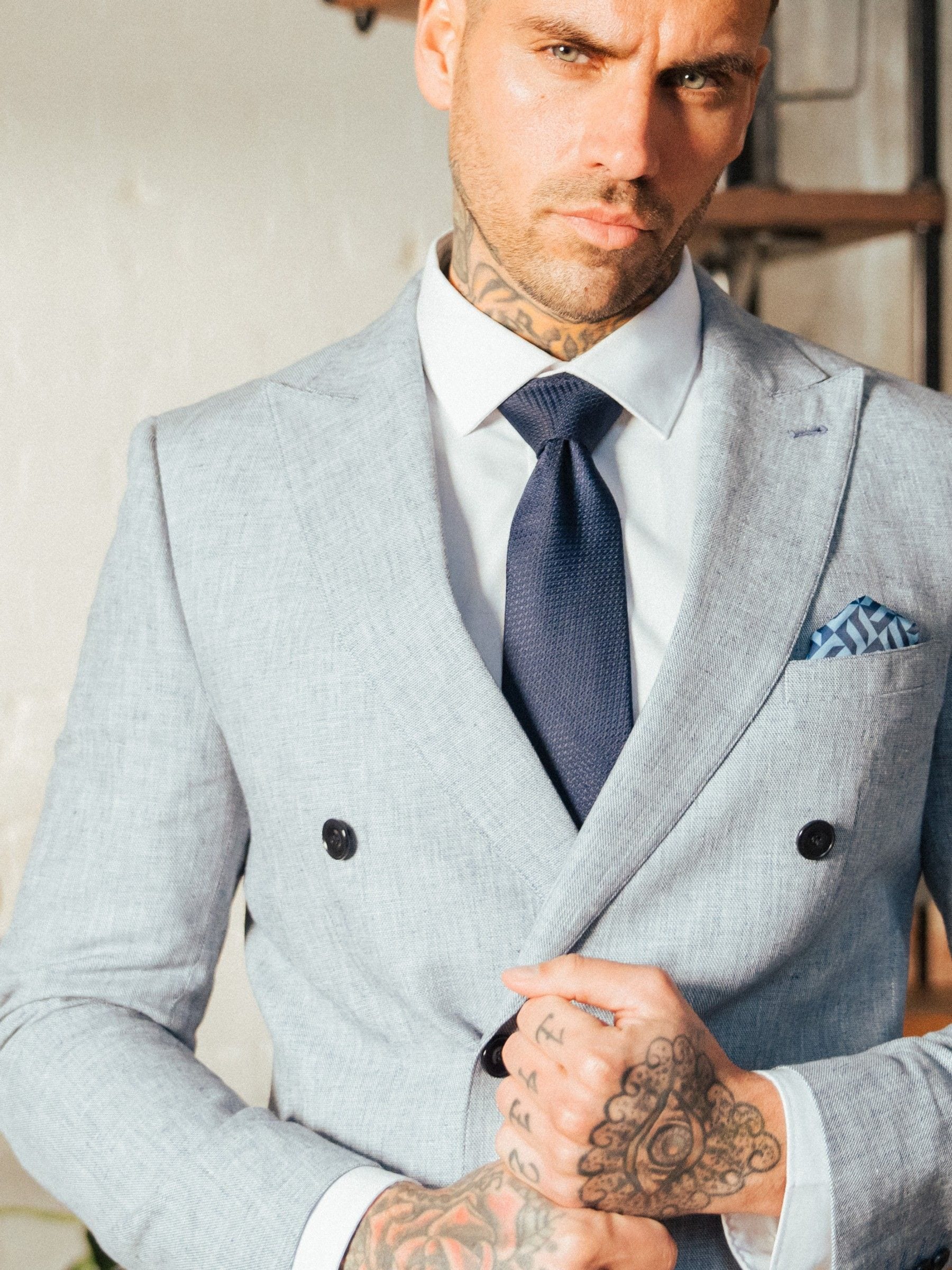 Buy Harry Brown Blue Giacomo Cotton Linen Double Breasted Suit