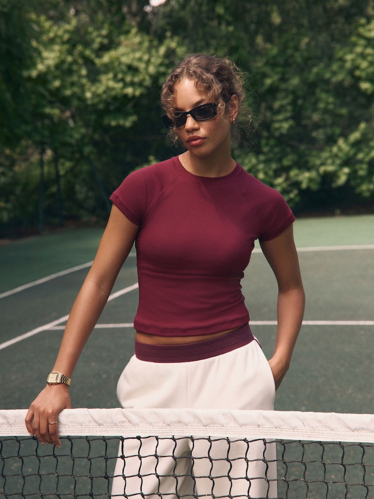 self. Burgundy Fitted Rib T-Shirt - Image 1 of 9 self. Burgundy Fitted Rib T-Shirt - Image 1 of 9
