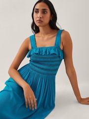 Monsoon Blue Salma Smocked Sleeveless Midi Dress - Image 1 of 4