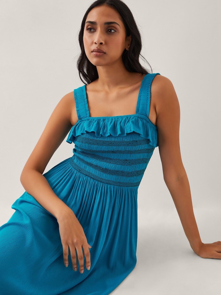 Monsoon Blue Salma Smocked Sleeveless Midi Dress - Image 1 of 4