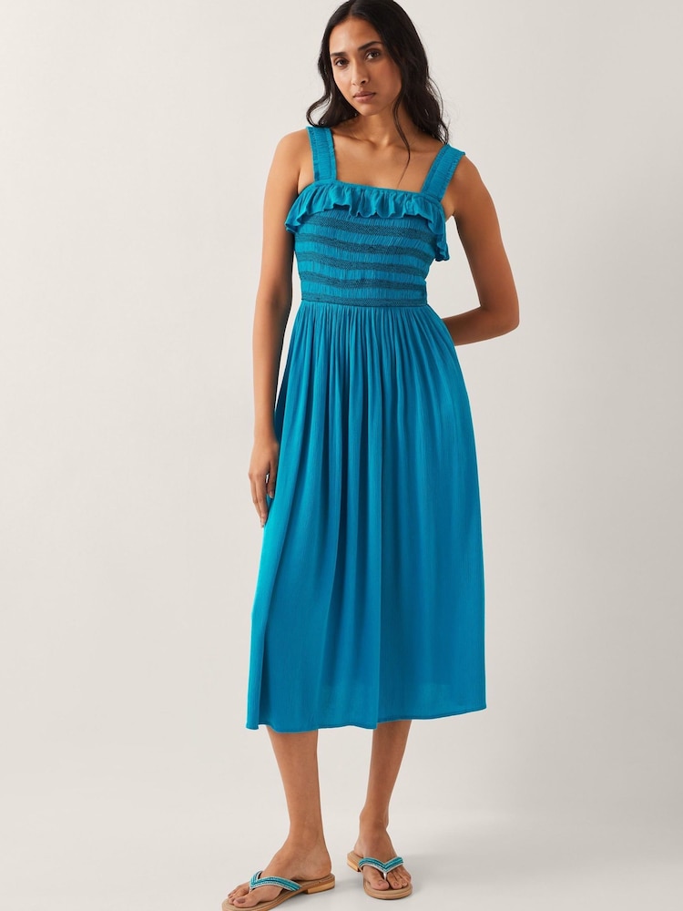 Monsoon Blue Salma Smocked Sleeveless Midi Dress - Image 2 of 4