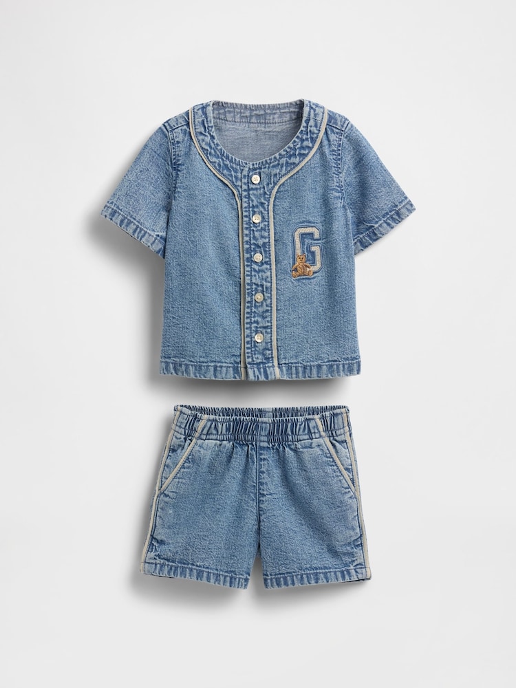 Gap Blue Brannan Bear Baby Denim Jersey Shirt and Shorts Set (Newborn-24mths) - Image 1 of 2