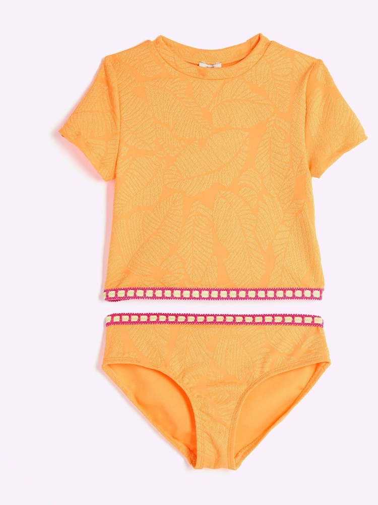 River Island Orange Girls Palm Textured T-Shirt Bikini - Image 1 of 4