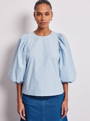 Vivere Blue Oona Puff Sleeve 100% Cotton Blouse - Image 2 of 3