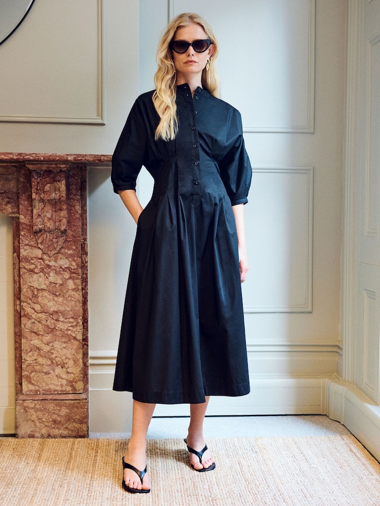 Vivere Black Nova Pleated 100% Cotton Dress - Image 1 of 4