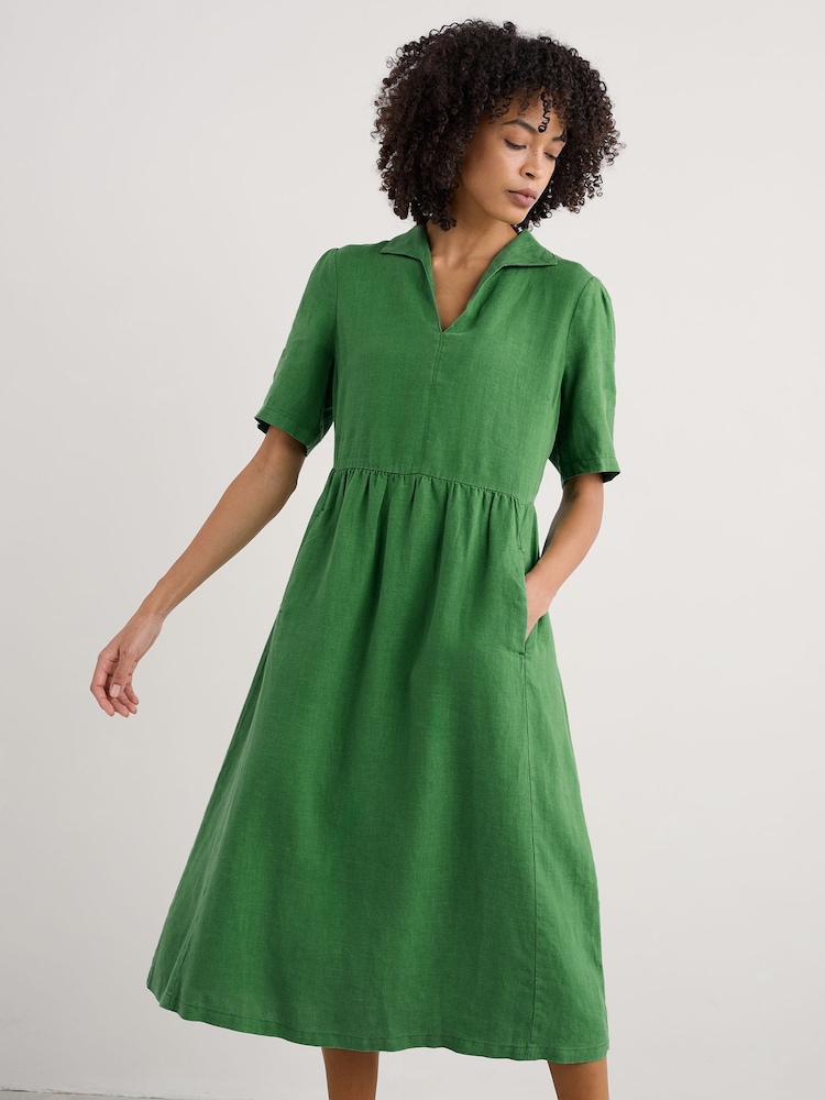 Seasalt Cornwall Green Petite Petite Fen Violet Midi 100% Linen Dress - Image 1 of 5