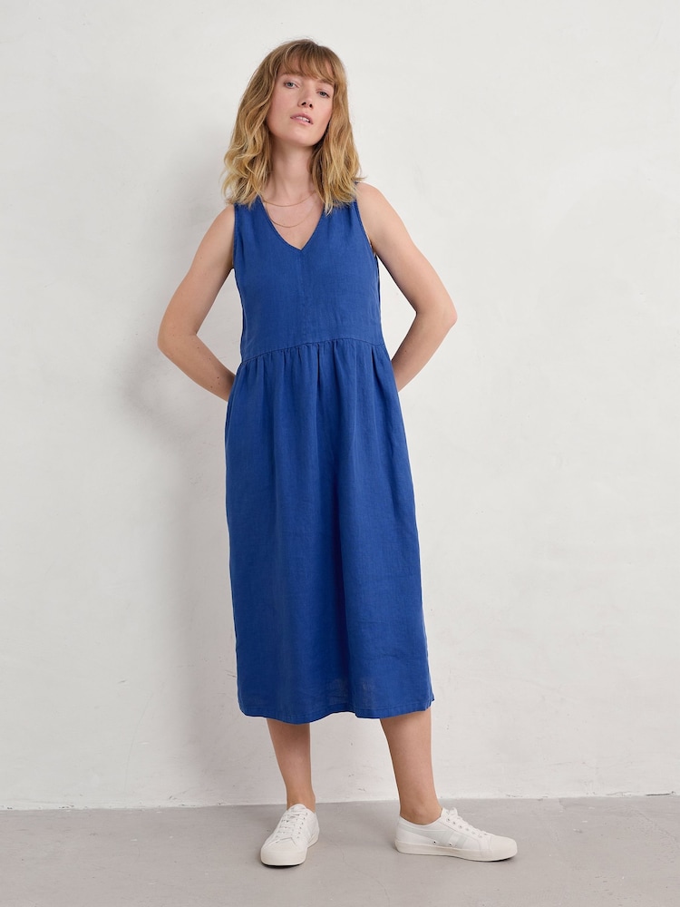 Seasalt Cornwall Blue Petite Petite Lowland Heather Sleeveless 100% Linen Dress - Image 1 of 5