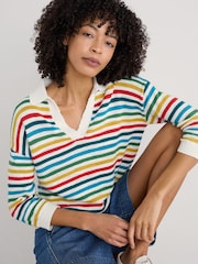 Seasalt Cornwall Blue/Yellow Gwynver Lightweight V-Neck Collared Jumper - Image 3 of 5