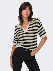 JDY Black Striped V-Neck Collar Polo Knit Jumper - Image 1 of 4