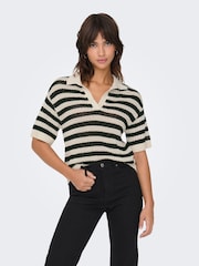 JDY Black Striped V-Neck Collar Polo Knit Jumper - Image 2 of 4