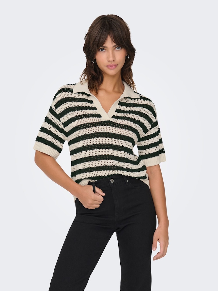 JDY Black Striped V-Neck Collar Polo Knit Jumper - Image 2 of 4