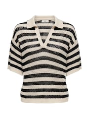 JDY Black Striped V-Neck Collar Polo Knit Jumper - Image 3 of 4