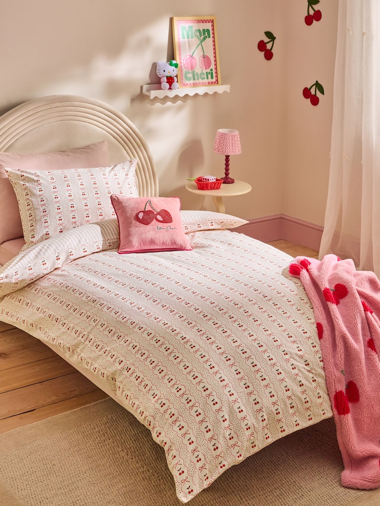 Pink Cherry Bow Duvet Cover and Pillowcase Set - Image 1 of 9