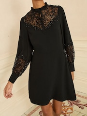 Love & Roses Black Lace Yoke Puff Sleeve Mini Dress - Image 2 of 4