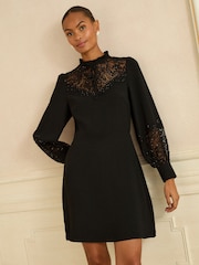 Love & Roses Black Lace Yoke Puff Sleeve Mini Dress - Image 4 of 4