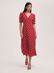 Finery Red Alia Crepe Polka Dot Midi Tea Dress - Image 1 of 4