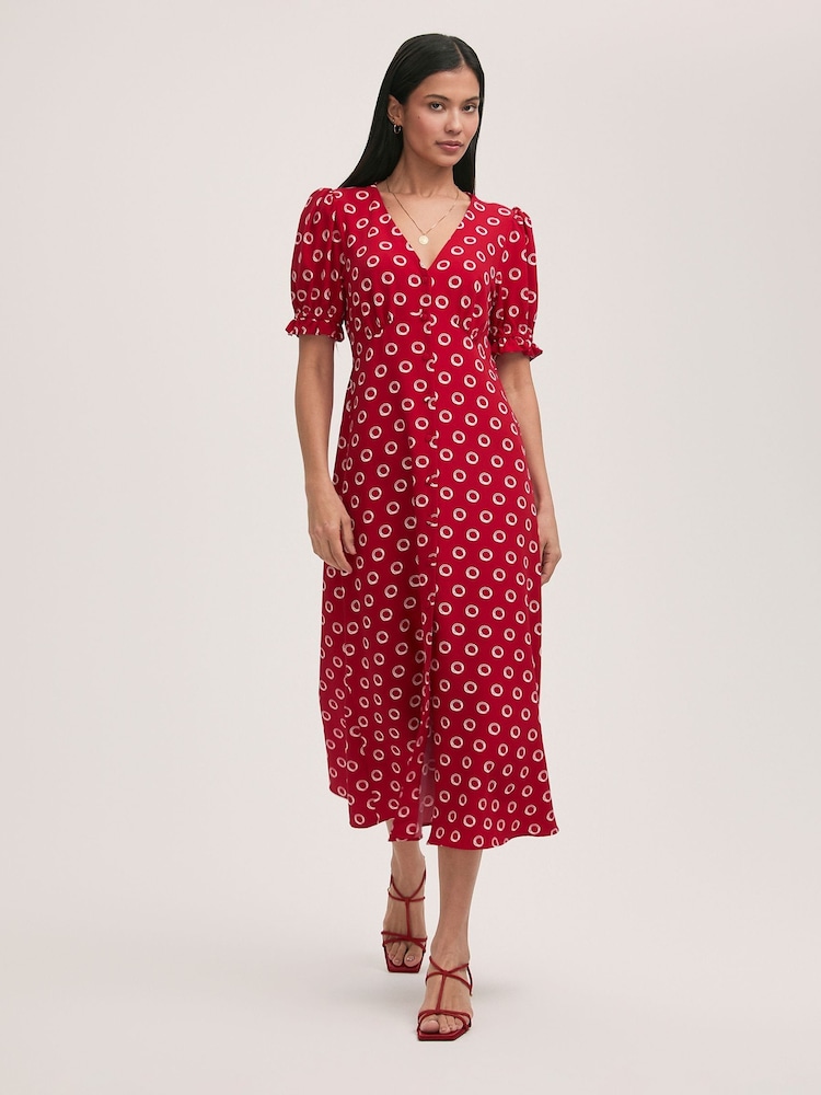Finery Red Alia Crepe Polka Dot Midi Tea Dress - Image 1 of 4