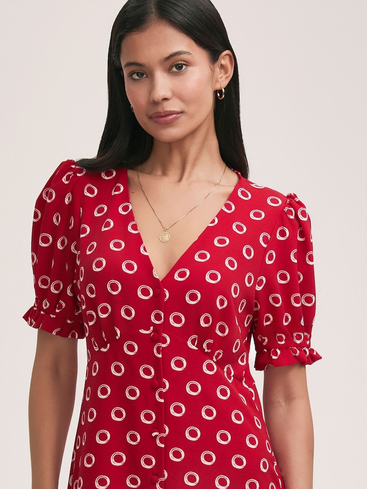 Finery Red Alia Crepe Polka Dot Midi Tea Dress - Image 4 of 4