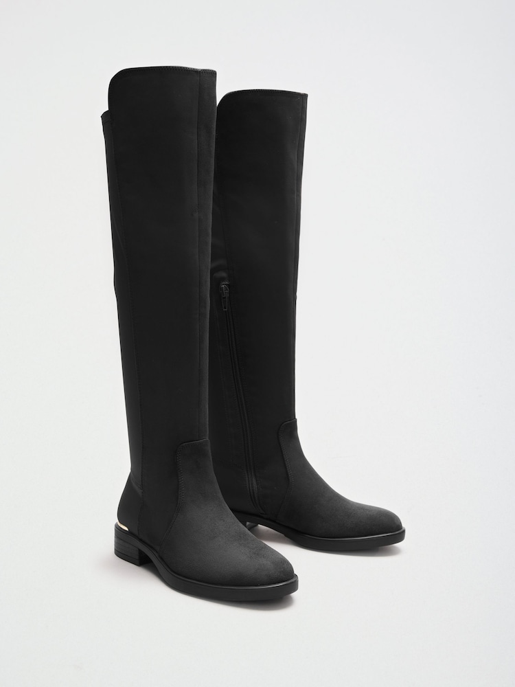 Qara - Elasticated Flat Knee High Casual Riding Boots - 7şəkildən 7 şəkil Qara - Elasticated Flat Knee High Casual Riding Boots - 7şəkildən 7 şəkil