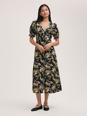 Finery Black Alia Crepe Floral Print Midi Tea Dress - Image 1 of 4