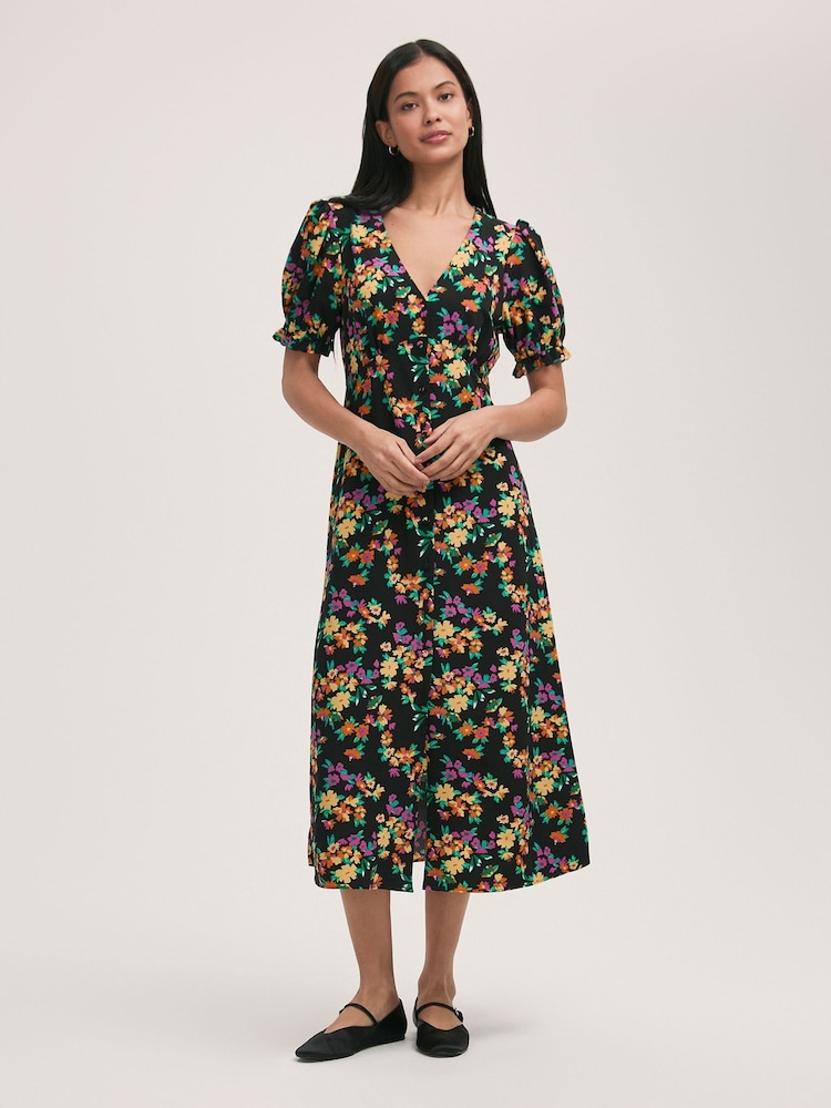 Finery Black Alia Crepe Floral Print Midi Tea Dress - Image 1 of 4