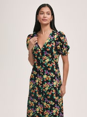 Finery Black Alia Crepe Floral Print Midi Tea Dress - Image 2 of 4
