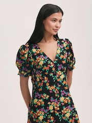 Finery Black Alia Crepe Floral Print Midi Tea Dress - Image 3 of 4